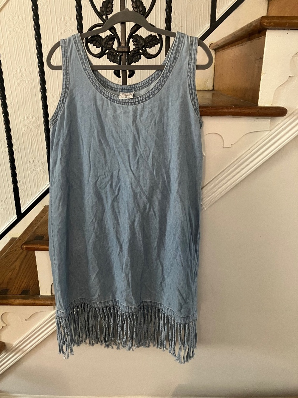 Vintage Denim CMC Color Me Cotton Sleeveless Fringe Dress Size L Large Y2K 90s